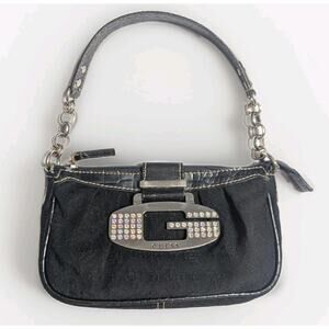 VTG Y2K Guess Monogram G Rhinestone Black Mini Shoulder Bag Hobo Purse Silk
